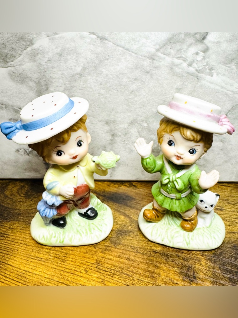 Vintage Taiwan Ceramic Boy & Girl Figurines Set of 2 Children Cat Turtle